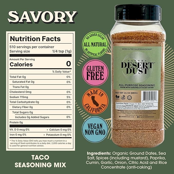 Desert Dust Savory Seasoning – Organic Date Sugar Gourmet Blend | Smoky, Sweet & Low-Glycemic | All-Purpose Rub for Chicken, Fish, Veggies & More | Gluten-Free, No MSG, No Brown Sugar (24oz)