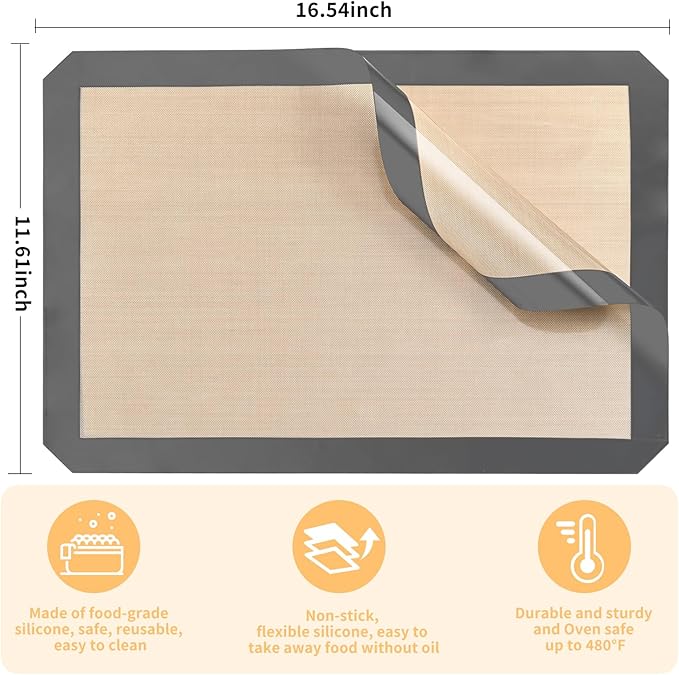 Silicone Baking Mat Set, Non-Stick Reusable Food-Grade Oven Liners, Half Sheet Size 16.54 x 11.62 Inch, Grey, 2 Pack