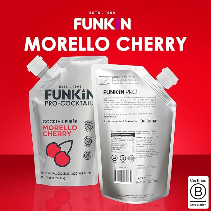 Funkin Fruit Puree | Real Fruit, Simple Ingredient, Natural Mixer for Cocktails, Drinks, Smoothies | Vegan, Non-GMO, Gluten-Free (2.2 lbs) (Morello Cherry)