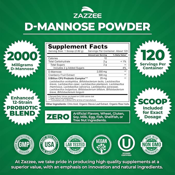 Zazzee D-Mannose Powder Plus, 2000 mg, 120 Servings, Potent & Fast-Acting, Plus 5 Billion CFU Probiotics and Pure Cranberry Juice Extract, Kosher, Free Scoop, 11.94 Oz, Gluten-Free, Non-GMO