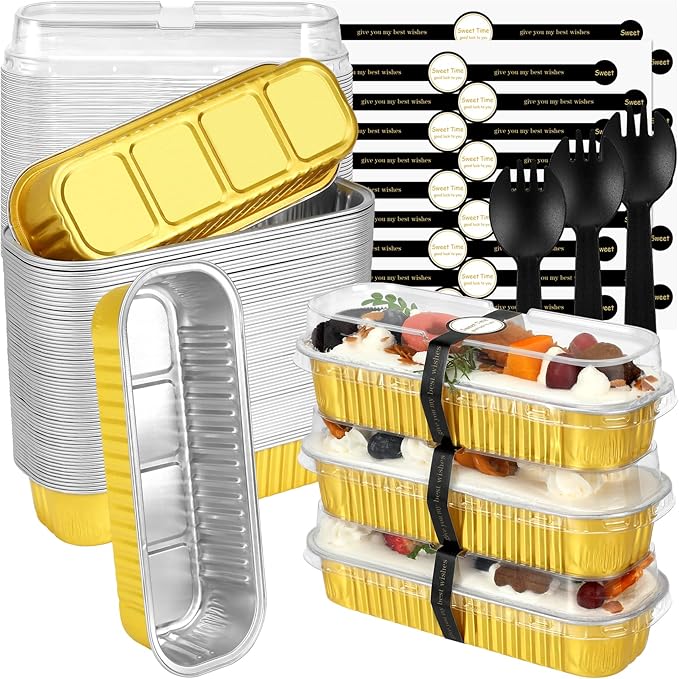 Mini Loaf Pans with Lids and Spoons (100 Pack, Gold, 6.8oz) Rectangular Aluminum Foil Baking Pans
