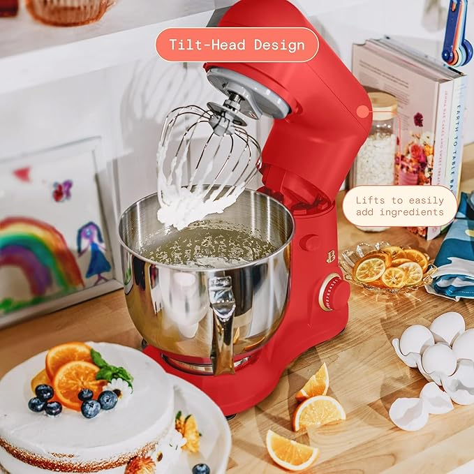 Beautiful 5.3 QT Stand Mixer w/Tilt-Head Design, Stainless Bowl, 300-Watt Power, 12-Speed Control, Includes Beater, Dough Hook, Whisk, Splash Shield (Tomato Red)