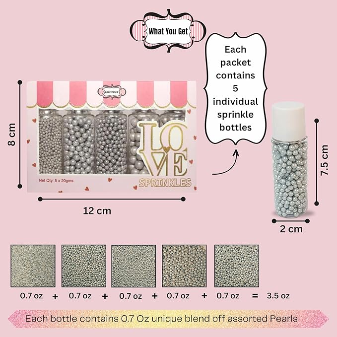 Confect Pearl Sprinkles | Assorted pack of 5 Shimmering Sliver Disco Ball Christmas, Birthday & Celebration Sprinkles | Mix Silver Pearl Dragees - Vegan, Gluten-Free, Nut-Free, Soy-Free, Dairy-Free, Palm Oil-Free, No Artificial Dyes - 5 Oz