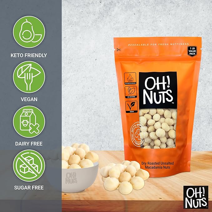 Oh! Nuts Macadamia Nuts - 1 lb - Dry Roasted Unsalted Macadamia Nuts - Oven Roasted - No Oil - Packed in New York Zip-Seal Bag for Exceptional Freshness