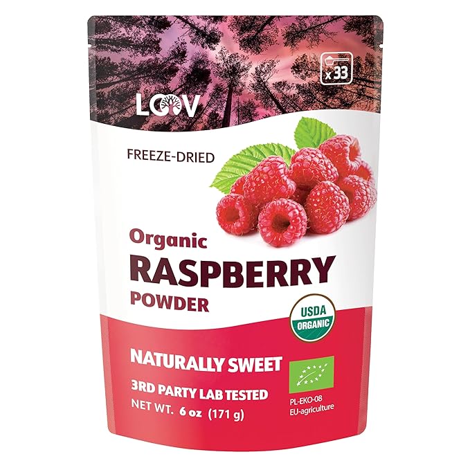 Organic Freeze-Dried Raspberry Powder – 100% Natural Whole Fruit, Certified Organic Red Raspberries – Perfect for Smoothies, Shakes & Baking – Non-GMO, No Added Sugar – 6oz (33 Servings)