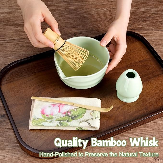 Fantasyon 7 Pcs Matcha Whisk Set Matcha Kit, Includes Bowl with Spout, Bamboo Whisk, Holder, Spoon, Sifter, Stand and Tea Towel for Ceremony Tea Lovers Family Friend Christmas Birthday Gift
