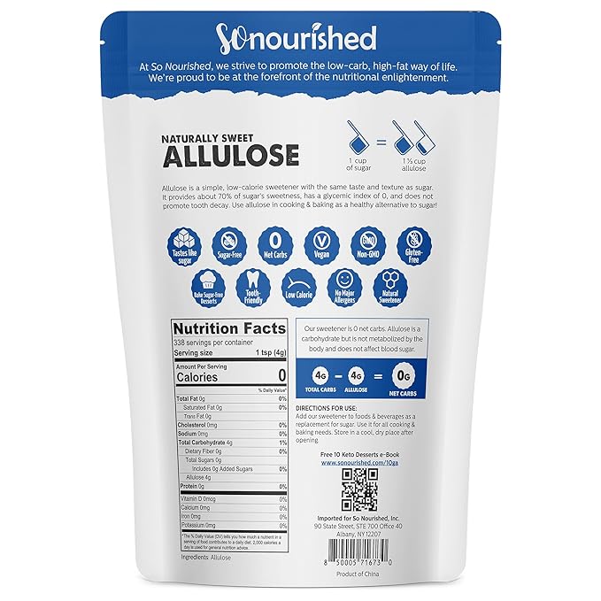 So Nourished Allulose Sweetener Granular - Keto Sugar Substitute - 0 Calorie, 0 Net Carb, Non-GMO (3 lb/48 oz)