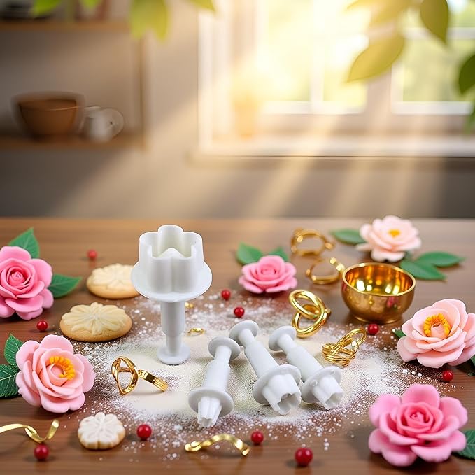 4Pcs White Flower Plunger Cookie Cutter DIY Blossom Flower Cake Fondant Mold Plastic Cake Decorating Tools Baking Accessories Cookie Cutters For Baking Plastic, Dessert and Candy Sculpting Tools