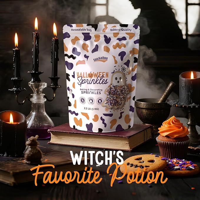 Snackathon Sprinkles for Baking & Decorating, Halloween Sprinkles, 2.2 LB Bulk Spooky Jimmies in Resealable Pouch – Orange, Black, Purple & White Colors for Cupcakes, Cookies, and Treats