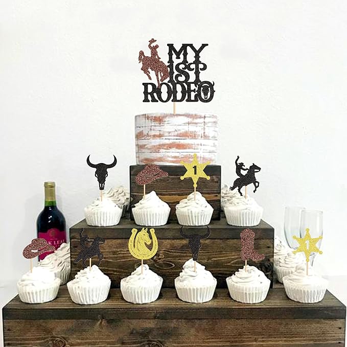 25Pcs Glitter Cowboy Cake Toppers Western Theme Cupcake Picks with Horseshoes, Hats & Boots for Baby Shower & Boys Birthday Party Decorations