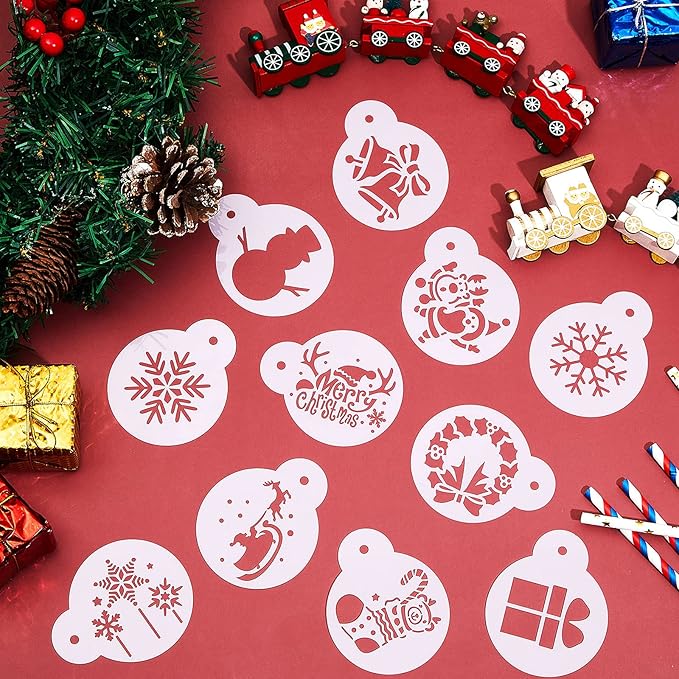Chinco 30 Pieces Reusable Christmas Cookie Stencil Cake Templates Christmas Coffee Stencils Pet Plastic Cake Baking Painting Mould Tools for Airbrush Painting Dessert Coffee Cookies Decoration