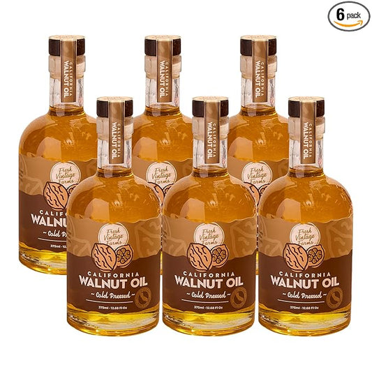Fresh Vintage Farms 100% Undiluted Cold Pressed Walnut Oil | Wholesome & Nutritious Healthy Cooking Oil for Cooking, Baking, Grilling, Dipping, & Salads | Walnut Oil - 12.68 Fl Oz, Pack of 6