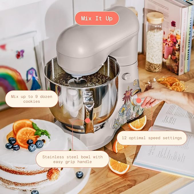 Beautiful 5.3 QT Stand Mixer w/Tilt-Head Design, Stainless Bowl, 300-Watt Power, 12-Speed Control, Includes Beater, Dough Hook, Whisk, Splash Shield (Wildflower Porcini Taupe)
