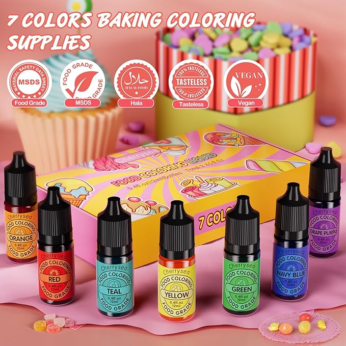 Cherrysea Food Coloring for Cake Decorating Rainbow Edible Food Dye for Halloween Baking Royal Icing Cookie Supplies Gluten Free 7x12ml Food Grade Liquid Food Color Kit, 0.4 Fl. Oz/Bottles