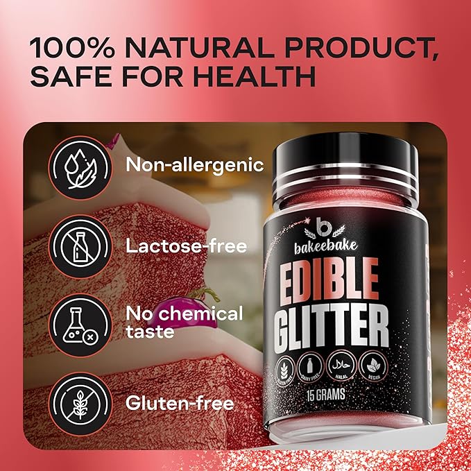 Bakeebake Edible Glitter 15g - Edible Glitter for Drinks & Desserts - Gluten Free Cake Decorating – Tasteless Vegan Drink Cocktails and Parties (Red, 15 grams)