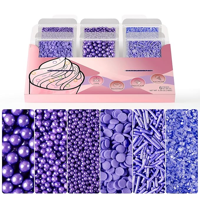 HUEBEATY 6-in-1 Purple Edible Pearls Sprinkles, Sanding Sugar for Cake Decorating, Cupcakes, Cookies & Ice Cream - 180g, Edible Mardi Gras, Halloween & Mermaid Purple Cake Sprinkles and Decorations