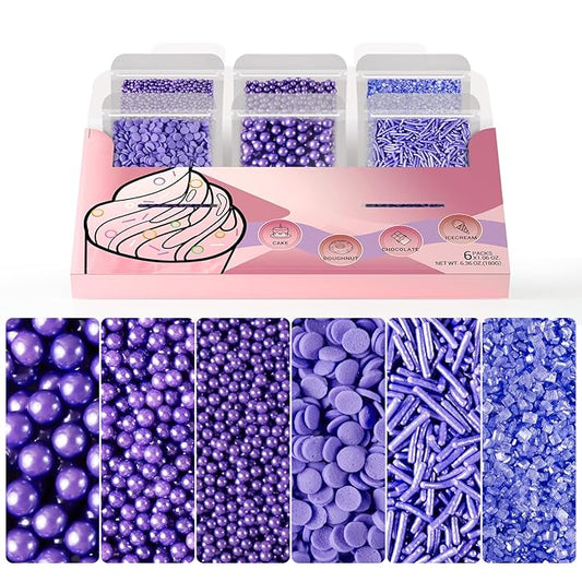HUEBEATY 6-in-1 Purple Edible Pearls Sprinkles, Sanding Sugar for Cake Decorating, Cupcakes, Cookies & Ice Cream - 180g, Edible Mardi Gras, Halloween & Mermaid Purple Cake Sprinkles and Decorations
