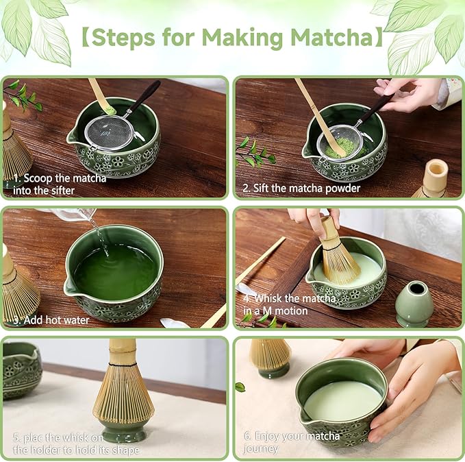 7 Pcs Matcha Whisk Set, Ceremony Matcha Kit with Matcha Bowl, Bamboo Whisk and Holder, Scoop and Scoop Rest, Sifter and Tea Towel, Gift for Matcha Lovers (Green/Cherry Blossom-Patterned 2)