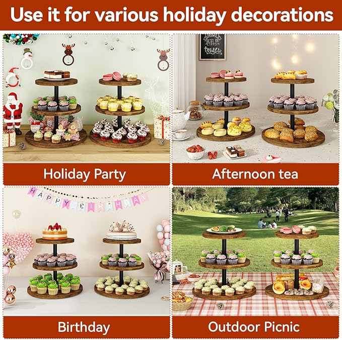 IBUYKE 3 Tier Cupcake Stand,Set of 2,Wood Durable Cupcake Tower,Round Serving Display Stand,Dessert Table Display Tree Tower for Birthday,Home Party, Wedding, Baby Shower,Rustic Brown UTLJ017H-2