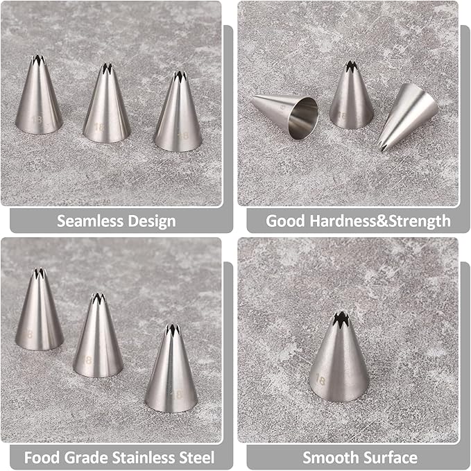 3 Pieces #18 Cake Piping Tip Open Star Icing Tip Seamless Icing Tips Stainless Steel Cupcake Piping Tips for Frosting Macarons Dessert Cake Decorations