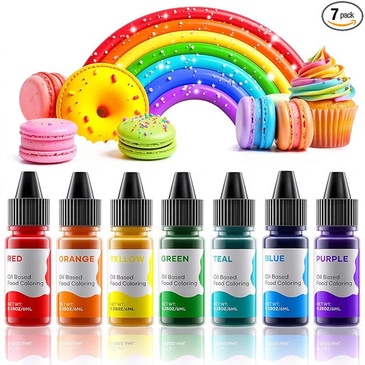 Oil Based Food Coloring for Chocolate Rainbow Oil Edible Food Dye Set for Halloween Baking Royal Icing Cookie Supplies Gluten Free 7x6ml Food Grade Food Color Kit, 0.25 Fl. Oz/Bottles