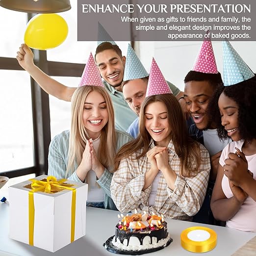 48 Pcs Cake Boxes with Boards 24 Baking Boxes with Window 24 Cake Boards 2 Rolls Silk Ribbon Large Square Baking Storage in 3 Sizes 12x12x8, 10x10x8, 8x8x8 Inch Disposable Dessert Containers