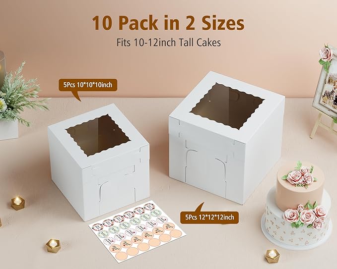 10Pcs Corrugated Cake Boxes in 2 Sizes - 12x12x12 & 10x10x10 Inch Tall Cake Box with Window, Thick Bakery Dessert Boxes, Disposable Cardboard Cake Carrier for Layer Cakes, Birthday, Wedding, Party