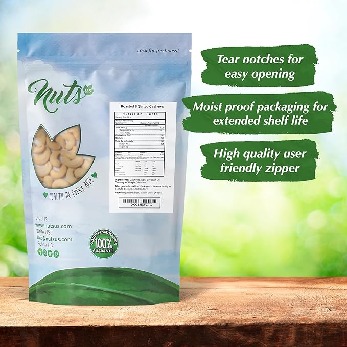 NUTS U.S. - Cashews | Roasted and Salted | No Shell | 100% Natural | Packed in a Resealable Bag!!! (2 LBS)