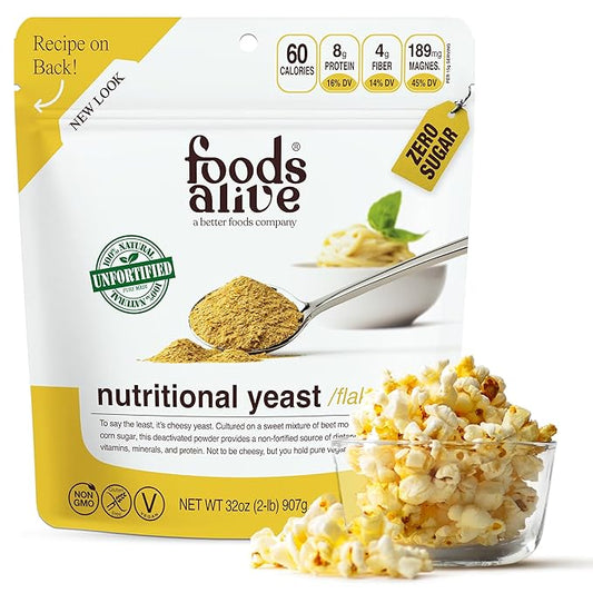 Foods Alive | Non-Fortified Premium Nutritional Yeast Flakes | 2 lbs | Unfortified Vegan Cheese Powder Seasoning