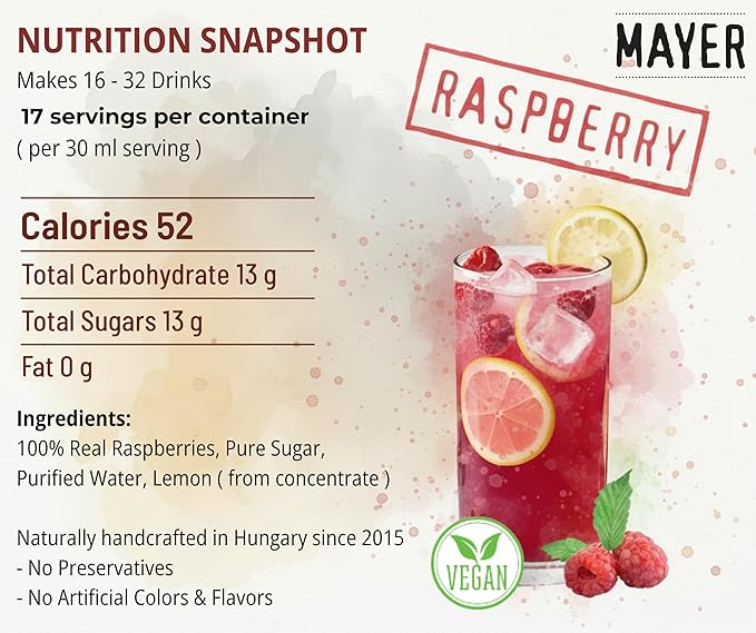 Mayer Hungarian Premium Raspberry Artisanal Syrup, Award-Winning, All-Natural, Vegan, Gluten-Free, Over 50% Real Fruits, (2 x 16.9oz), Perfect Coffee Syrup & Cocktail Syrup, No Artificial Additives (2 Pack)
