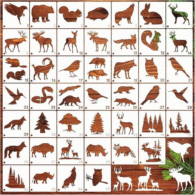 45pcs Forest Animals Stencils for Painting on Wood Wilderness Tree Stencils Paint Wildlife Burning Patterns Bears Deers Template on Art Craft Canvas Wall Fabric Rock (45 Wildlife)