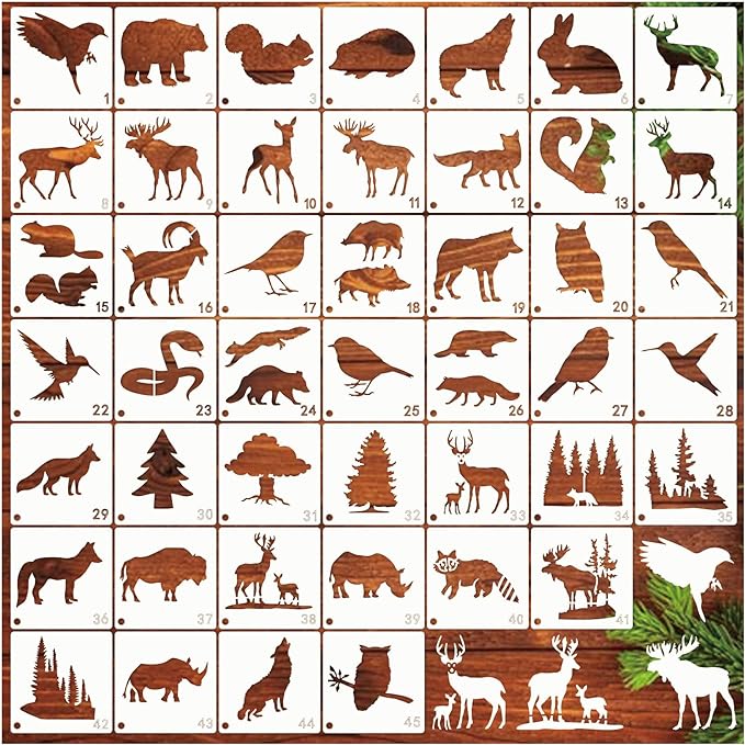 45pcs Forest Animals Stencils for Painting on Wood Wilderness Tree Stencils Paint Wildlife Burning Patterns Bears Deers Template on Art Craft Canvas Wall Fabric Rock (45 Wildlife)