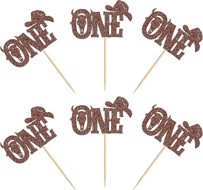 24Pcs Glitter ‘One’ Cowboy Cake Toppers Western Theme Cupcake Picks with Horseshoes Baby Shower Boys Birthday Party Cake Decorations Supplies