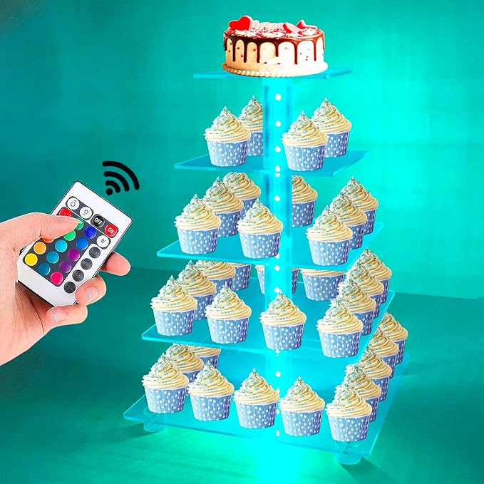 Cupcake Stand Acrylic 5 Tier Tower Display Cupcake Cake Stand with Remote LED Light,Multiple Color Changing Modes,Transparency Serving Tray for Any Parties Events(Large Size)