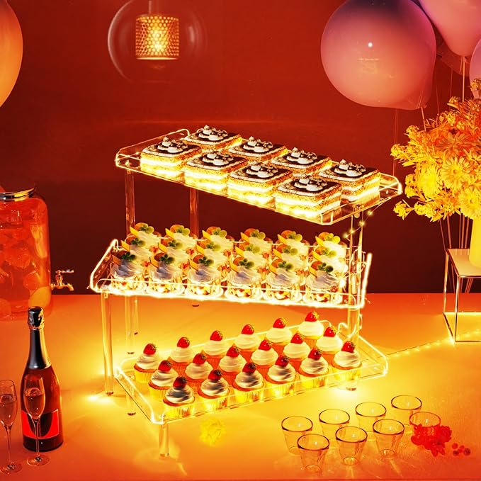 3 Tier Cupcake Stand, Acrylic Dessert Table Display Set with LED Light Premium Holder Dessert Serving Tray for Birthday Candy Bar Décor Weddings, Parties Events (Yellow Light)