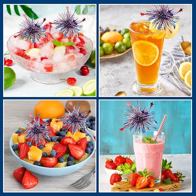 24Pcs American Patriotic Cupcake Toppers, 4th of July Foil Firework Cupcake Toppers Tinsel Drink CupCake Decoration Picks Independence Day Supplies Favor