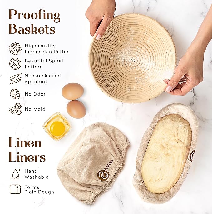 Sourdough Bread Making Kit - 9″ Round & 10″ Oval Banneton Proofing Baskets, Danish Dough Whisk, Bread Lame (5 Blades), Bench & Bowl Scrapers, Linen Liners - Complete Bread Making Tools