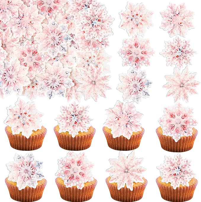 Gyufise 60Pcs Edible Snowflake Cupcake Toppers Winter Cupcake Picks Water Paper Winter Frozen Cake Decorations for Snowflake Theme Baby Shower Kids Birthday Party Supplies Multi Pink