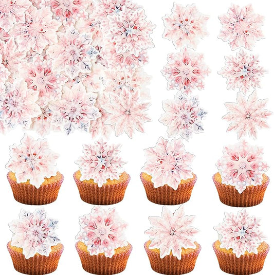 Gyufise 60Pcs Edible Snowflake Cupcake Toppers Winter Cupcake Picks Water Paper Winter Frozen Cake Decorations for Snowflake Theme Baby Shower Kids Birthday Party Supplies Multi Pink