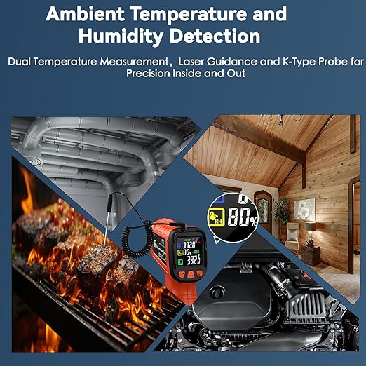 Infrared Thermometer Gun for Cooking, Include K-Type Probe for Humidity, -58°F to 1796° F Digital Laser Temperature Guns, 16:1 IR Temp Gun for Griddle, Pizza Oven, Engine, HVAC, Industrial & Home Use
