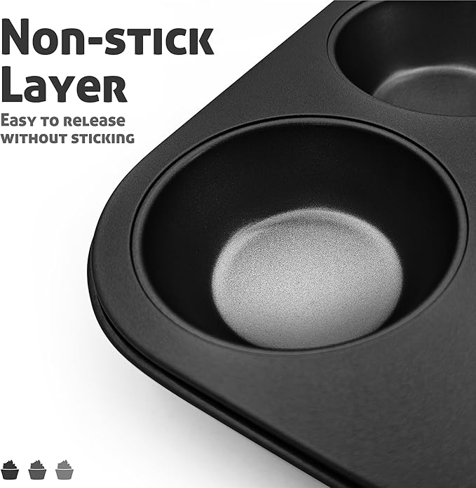 Satax Muffin Pan for Baking, Nonstick Cupcake Tin 6 Cup,sets of 2,Heavy Duty Steel Muffin Pan (Black, 6-cup)