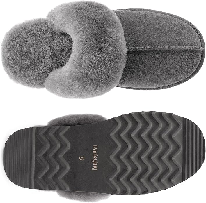 Parfeying Women's Sheepskin House Slippers Indoor Outdoor Shearling Shoes for Women