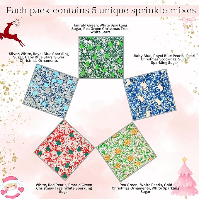 Confect Christmas Sprinkles | Christmas Sprinkles - Green White Silver Blue Red Sparkling Sugar I Christmas Tree Stocking & Snowflakes for Dessert Decorating- 5 Oz