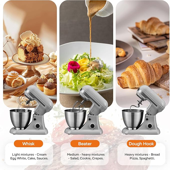 4.8QT Stand Mixer, 12-Speed Electric Kitchen Mixer with Tilt-Head, Stainless Steel Bowl, Egg Whisk, Dough Hook & Beater – Lightweight, Compact for Small Kitchens,Light Gray
