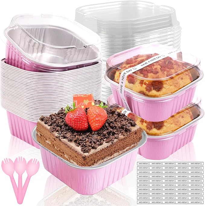 10oz Mini Cake Pans With Lids 50 Pack Aluminum Foil Square Brownie Baking Cups,4”x4” Disposable Loaf Pans With Lids and Spoons Stickers,Large Cupcake Pans Muffin Cake Tins Cake Container(Pink)
