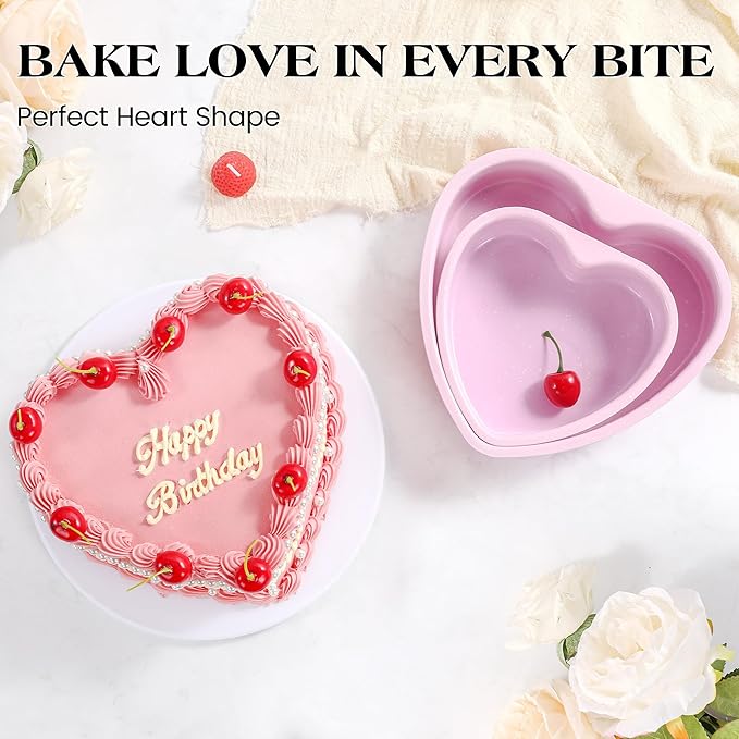 6 Inch Heart Shaped Cake Pans Set 2 Pack Nonstick Cake Pan for Baking Carbon Steel Small Heart Molds (Pink)