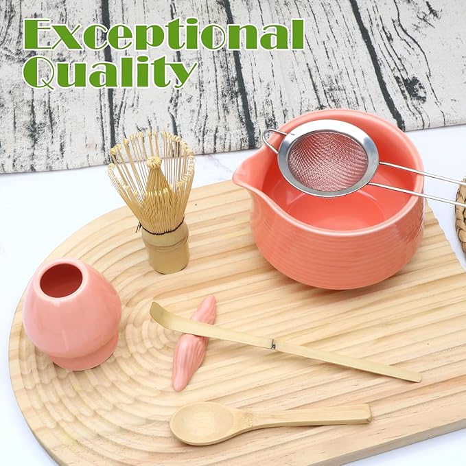 Matcha Whisk Set,7pcs Pink Matcha Set includes Matcha Bowl (19 oz),Bamboo Matcha Whisk and Matcha Scoop,Matcha Whisk Holder,Stainless Steel Sifter,Tea Making Tools,Matcha Kit Gift for Matcha Lovers