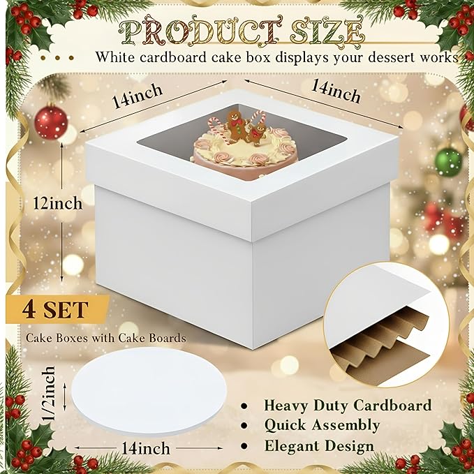 4 Sets Corrugated Cardboard Tall Cake Boxes for Tier Cake 14x14x12 Inch with Clear Window (4 Boxes + 4 Boards) Disposable Layer Bakery Container Carrier for Wedding Birthday Party Festival