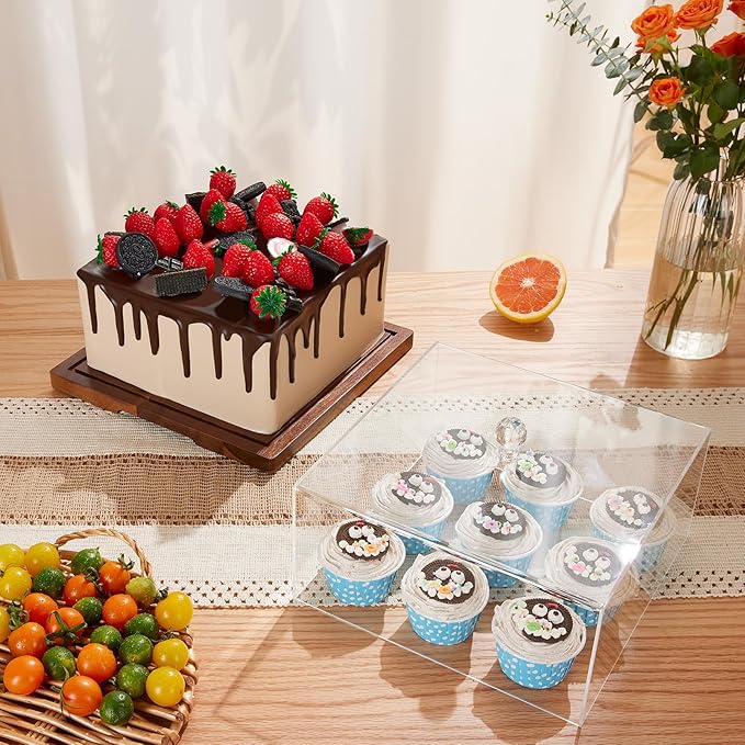Acacia Wood Cake Stand with Lid-Cake Holder with Dome, 2-in-1 Dessert Table Display Set & Charcuterie Board with Lid,Square Cake Stand for Party,Fruit Tray,Cheese,Veggie,Large Cake Dome Cover