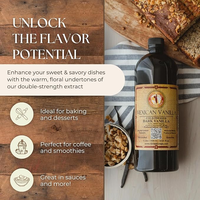 Pure Dark Mexican Vanilla Extract Gluten-Free Vanilla for Baking, Cakes, Cookies, Desserts, Coffee & Beverages (1 Liter / 33.81 fl oz) – Natural, No Coumarin, Bold Flavor